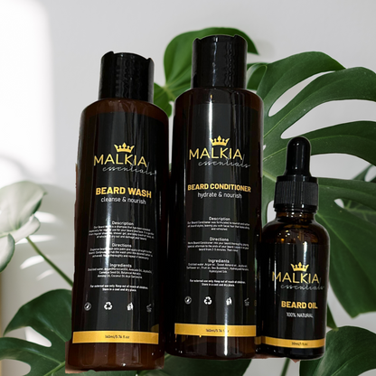 Malkia Essentials Beard Care Bundle - Complete 3-Step Grooming Kit | (12.52oz)