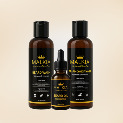 Malkia Essentials Beard Care Bundle - Complete 3-Step Grooming Kit | (12.52oz)